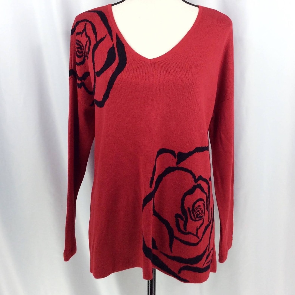 Chicos 2 Floral Rose Sweater Women's Size Large 12 Red Black V-Neck Cotton Blend